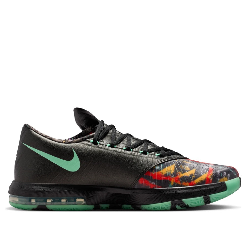 Men's Nike KD VI low-top sneakers, black upper with green swoosh and red-orange graphics