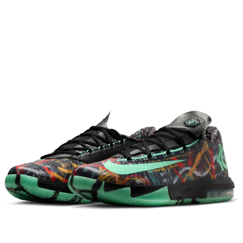 Men's Nike KD VI low-top sneakers pair, black with multicolor red and green pattern across toe