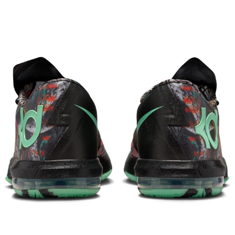 Men's Nike KD VI low-top sneakers heel view, black backs with green accents and red splatter