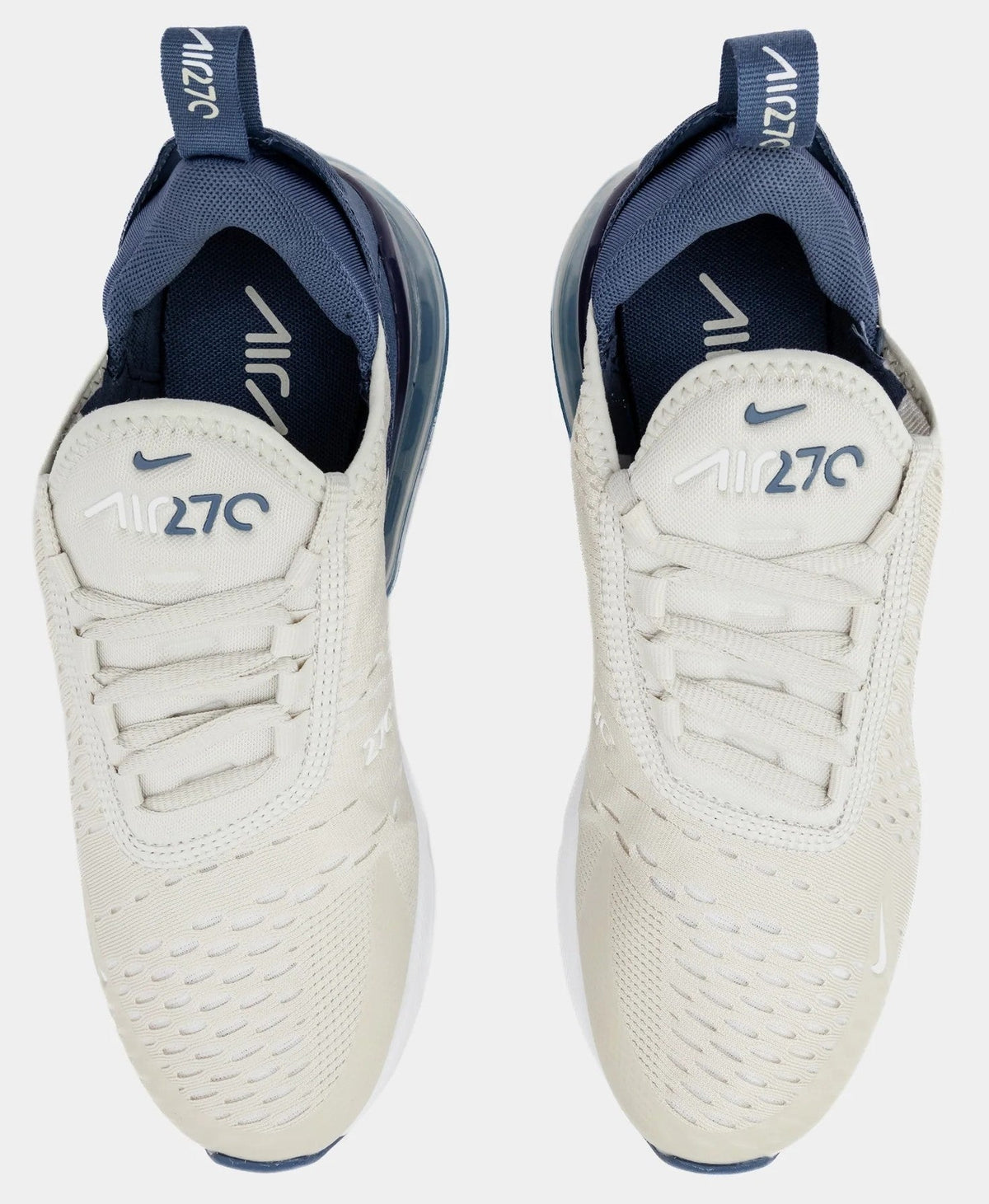 Women’s Air Max 270 shoe pair, light bone upper with navy collar and heel details