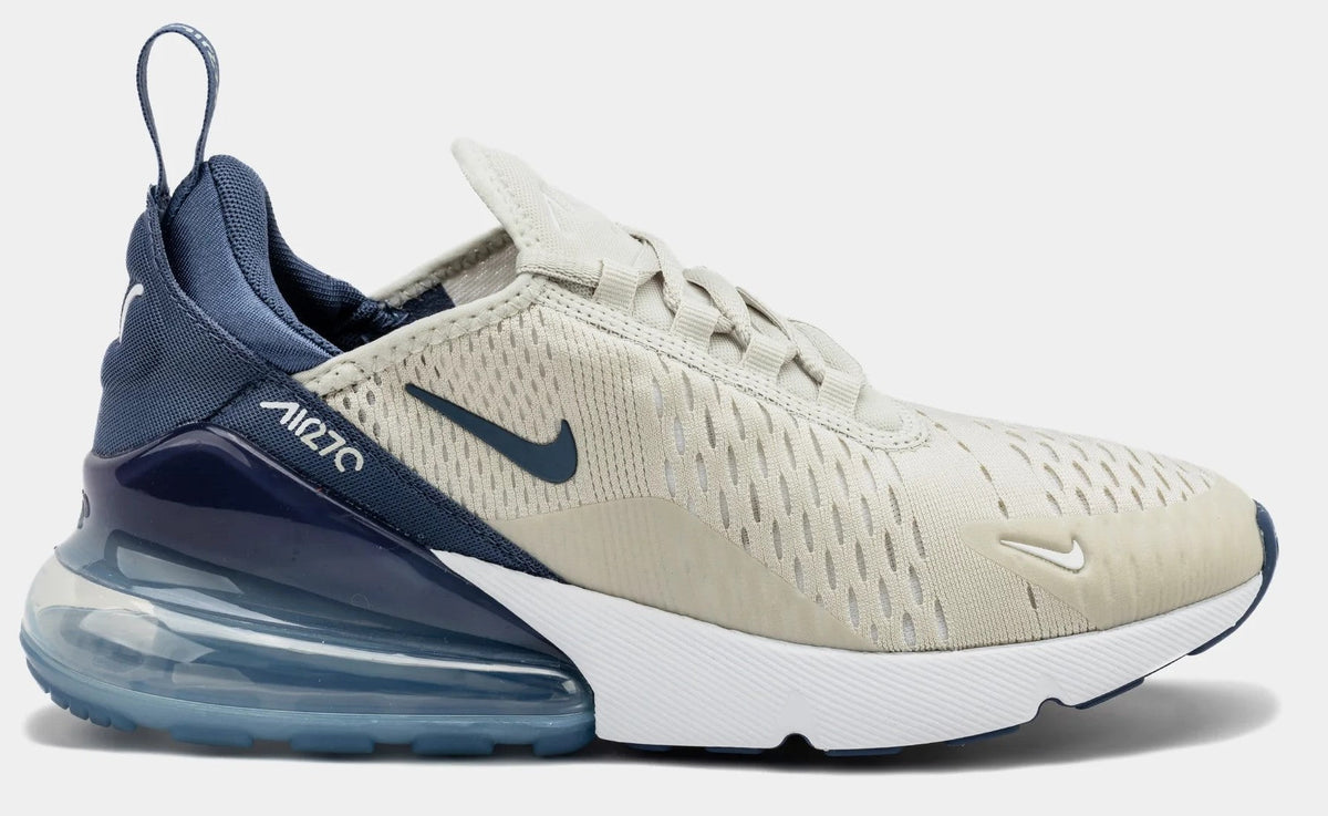 Women’s Air Max 270 running shoe, light bone mesh with navy swoosh and blue Air unit