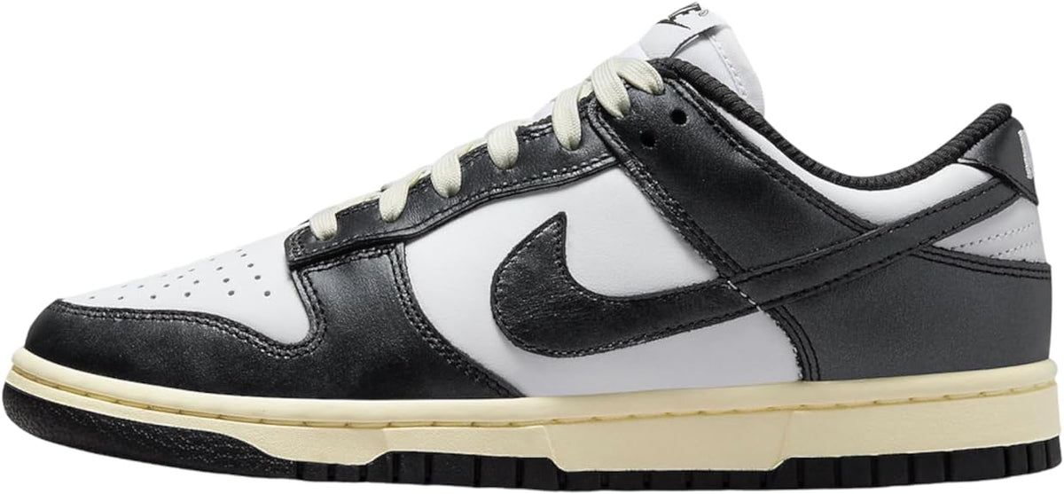 Nike Dunk Low PRM sneakers, white and black leather with lace-up and tan sole