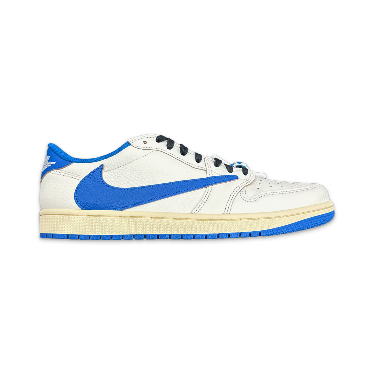 Air Jordan 1 Retro Low sneaker, sail white leather with blue swoosh and blue accents