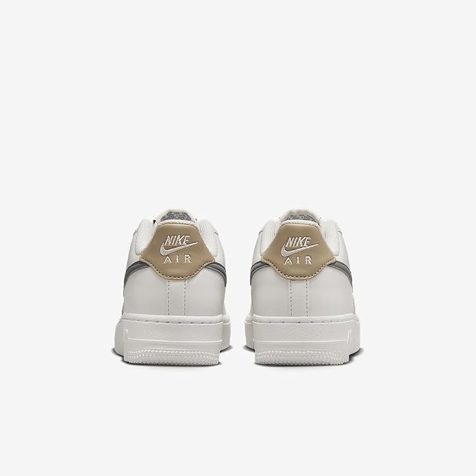 Kids' Nike Air Force 1 sneaker back view, white leather with Nike Air heel tab