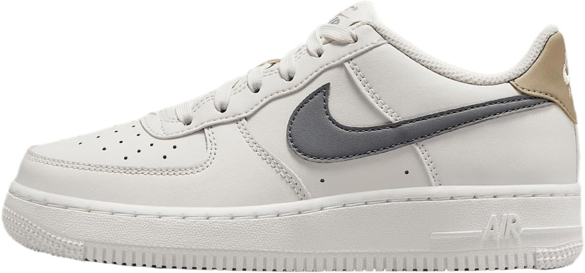 Kids' Nike Air Force 1 sneaker in white with gray swoosh and khaki heel detail