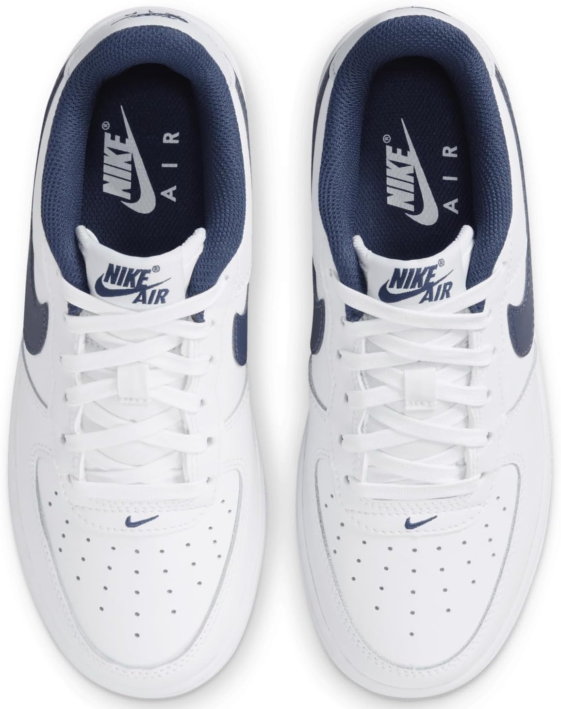 Big kid's Nike Air Force 1 sneakers, white upper with navy collar and swoosh