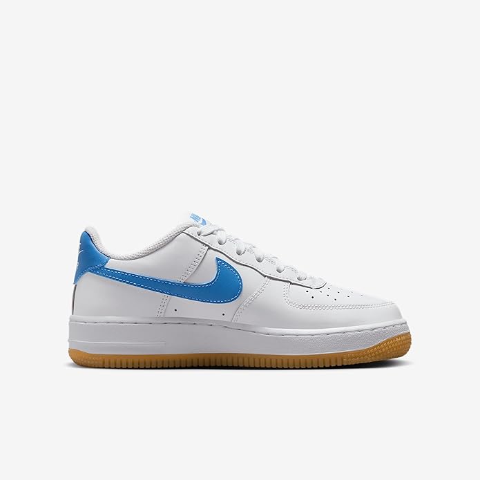 Kids' low-top Nike Air Force 1 sneakers, white with blue Swoosh and gum outsole
