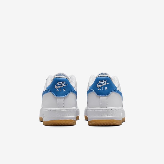 Kids' Nike Air Force 1 sneakers, back view with blue heel tab and white leather