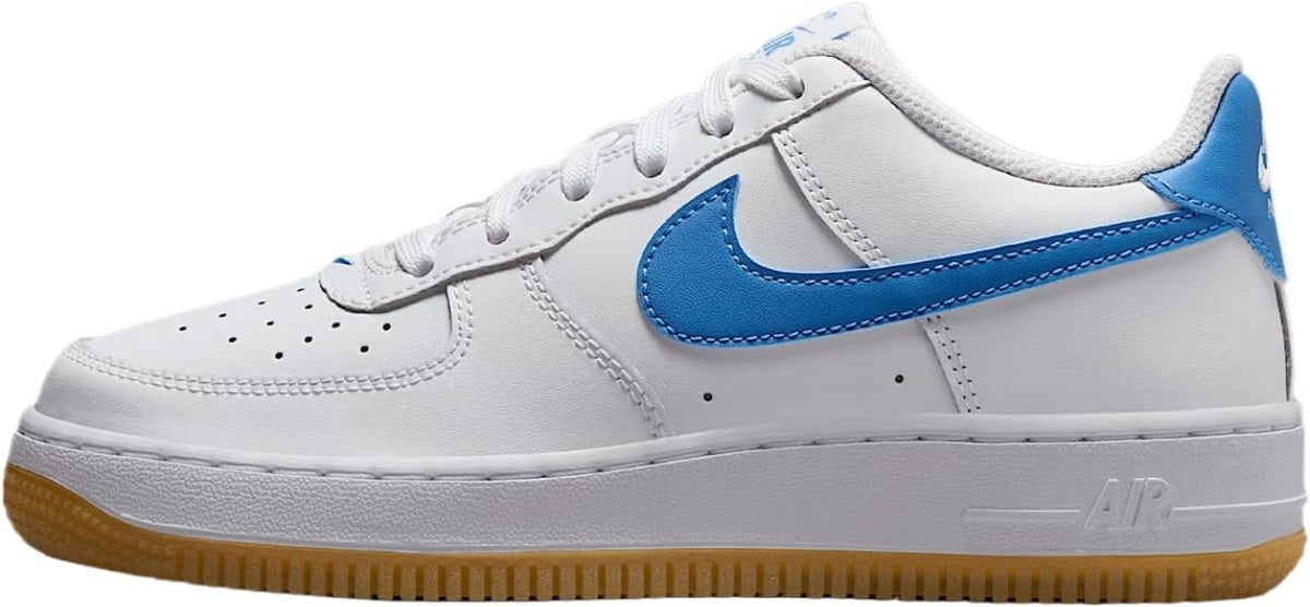 Kids' Nike Air Force 1 low-top sneakers with blue Swoosh, white leather, gum sole