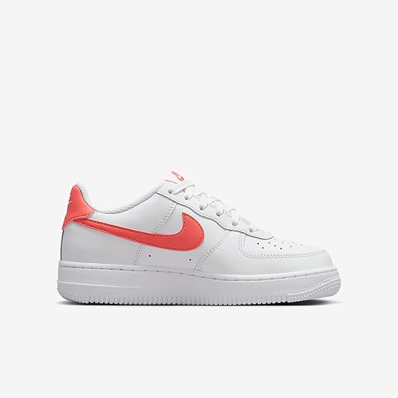 Kids' Nike Air Force 1 low-top sneakers, side view with red swoosh and white upper.