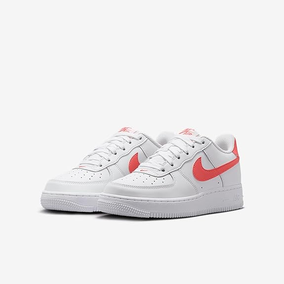 Kids' Nike Air Force 1 low-top sneakers, pair view with white uppers and red accents.
