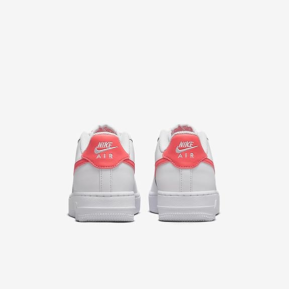 Kids' Nike Air Force 1 sneakers, heel view with red heel tab and Air branding.