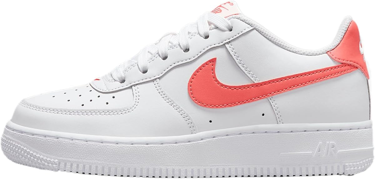 Kids' Nike Air Force 1 low-top sneakers, white leather with red swoosh and lace-up.