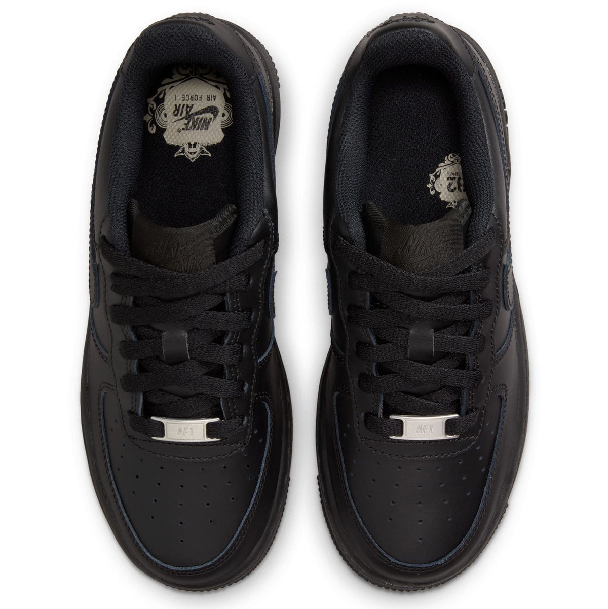 Kids' Nike Air Force 1 LE sneakers, black uppers shown with padded collars and laces