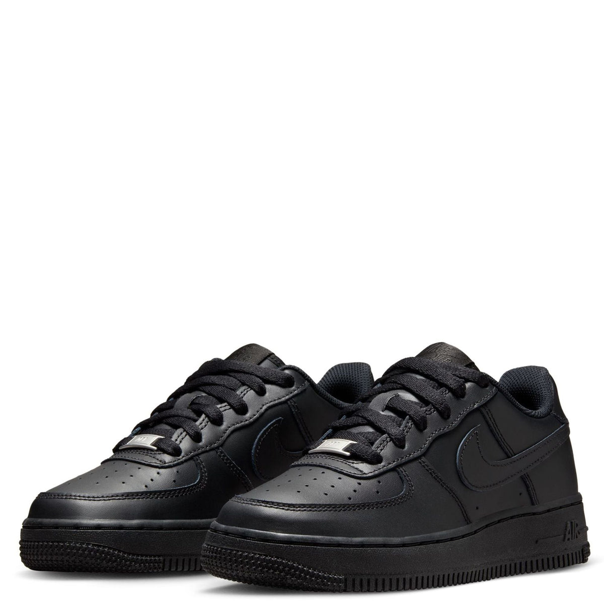 Kids' Nike Air Force 1 LE sneakers, black pair front view, lace-up, rubber sole