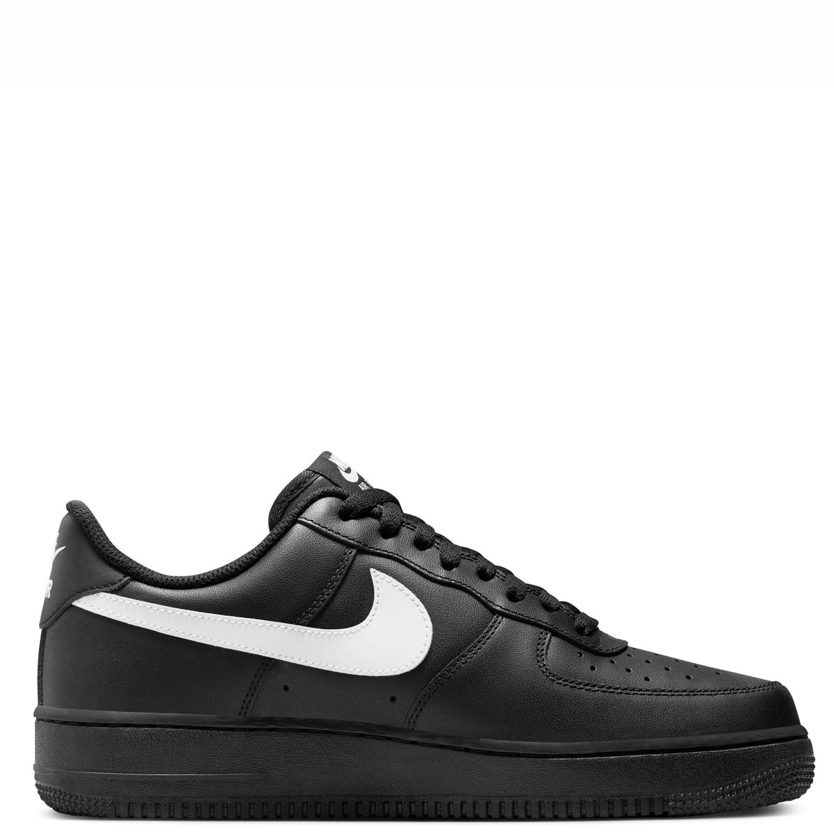 Black Nike Air Force 1 '07 low sneakers, white swoosh on side, lace-up