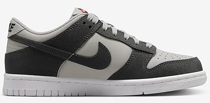 Nike Dunk Low sneakers side view, dark gray panels with white toe and Nike swoosh