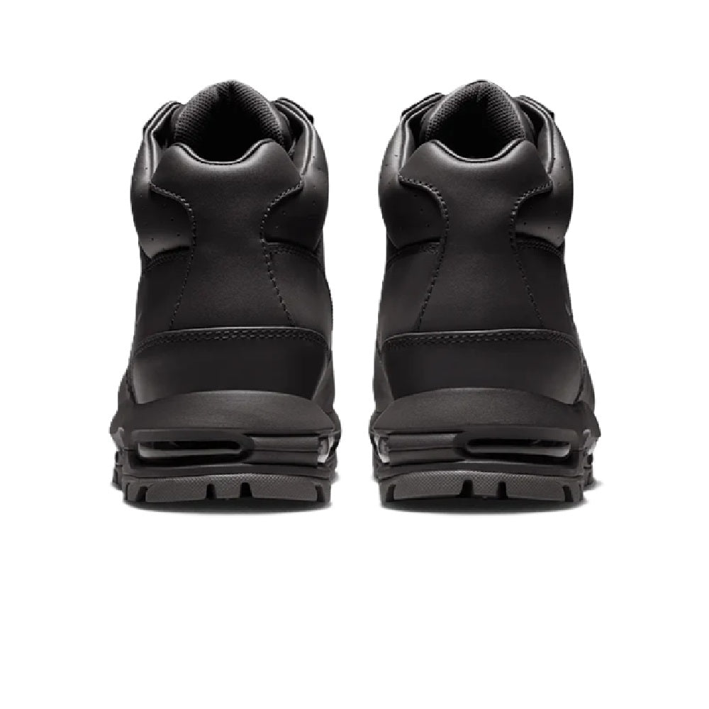 Men's Nike dark leather sneakers, rear view with lace collar and air unit