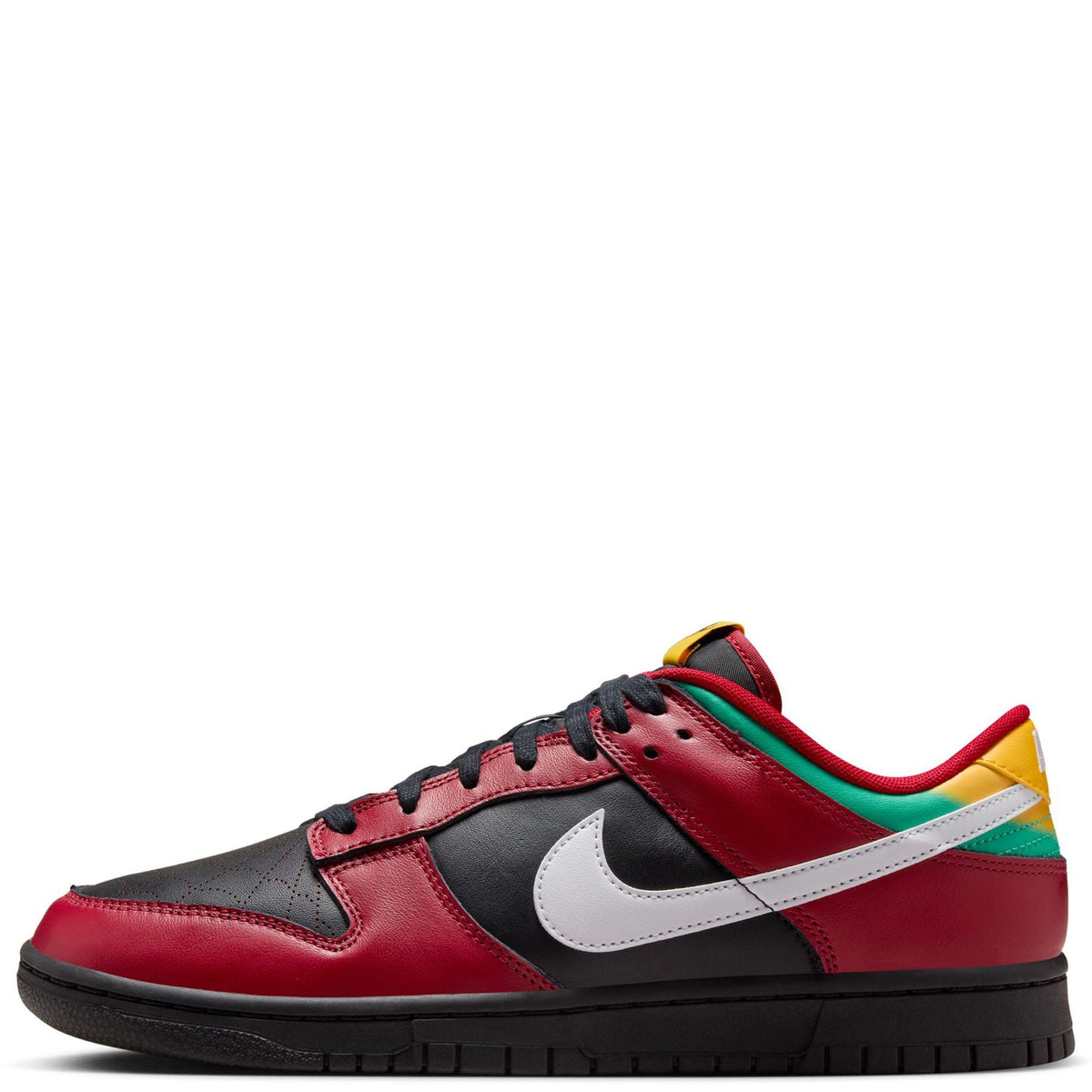 Men's Nike Dunk Low sneakers, red leather with white swoosh and black toe panels