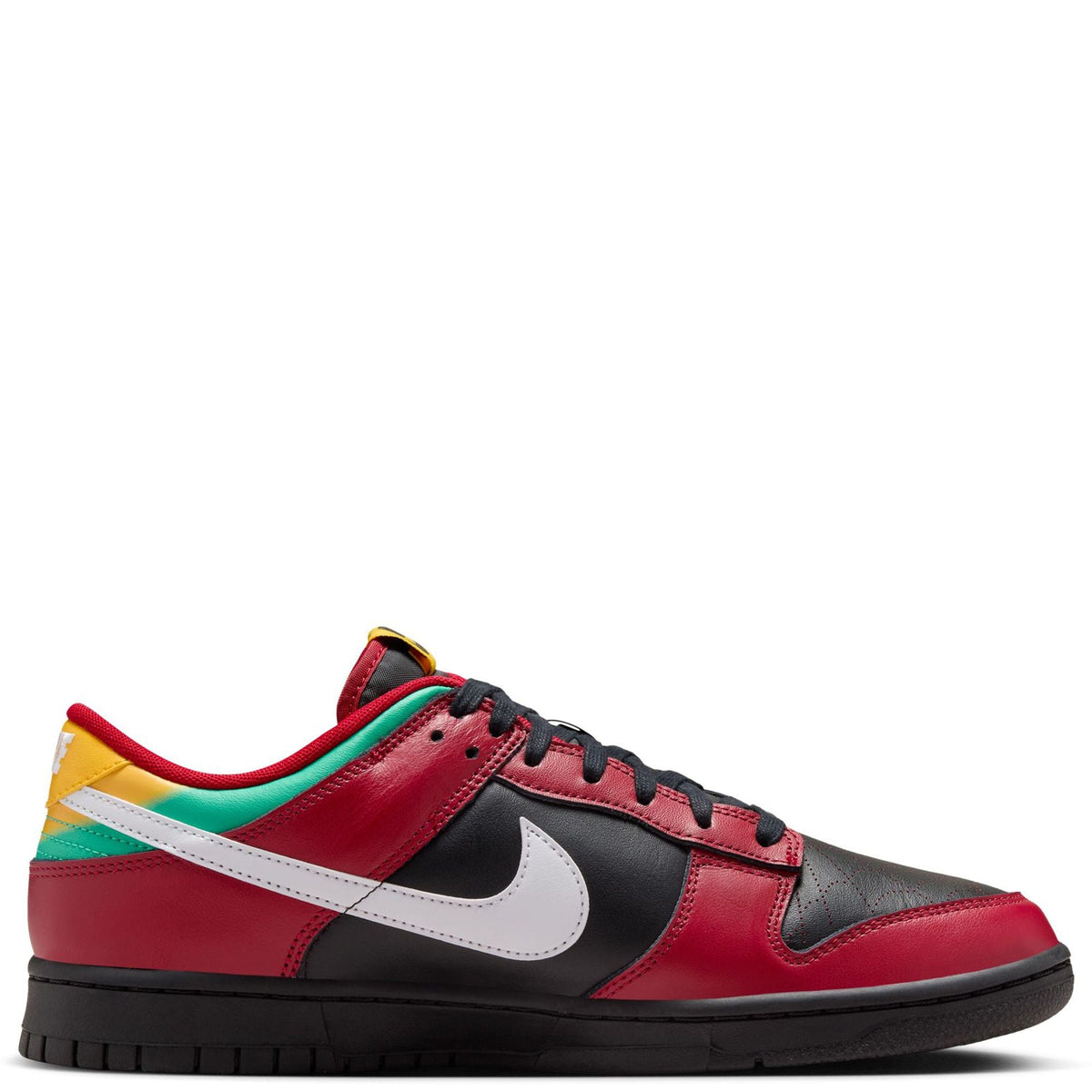 Men's Nike Dunk Low sneakers, red upper with black overlays and white swoosh
