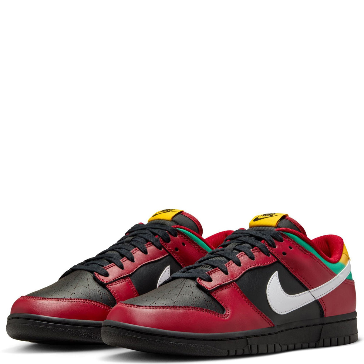 Men's Nike Dunk Low sneakers, red/black colorway with white swoosh and multicolor lining