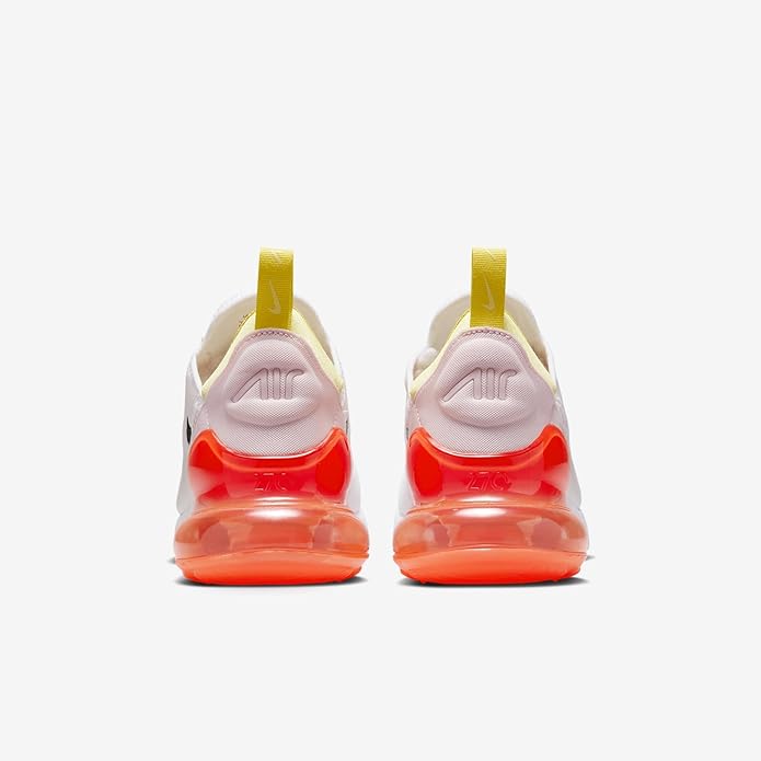 Women's Nike Air Max 270 shoes, white upper with yellow heel tabs and bright red sole