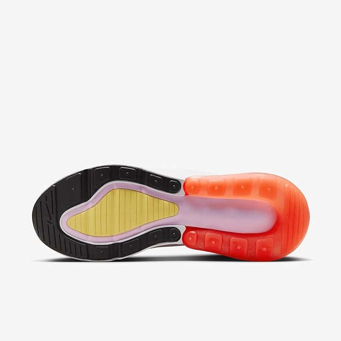 Women's Nike Air Max 270 outsole, black traction with yellow insert and orange-red Air unit