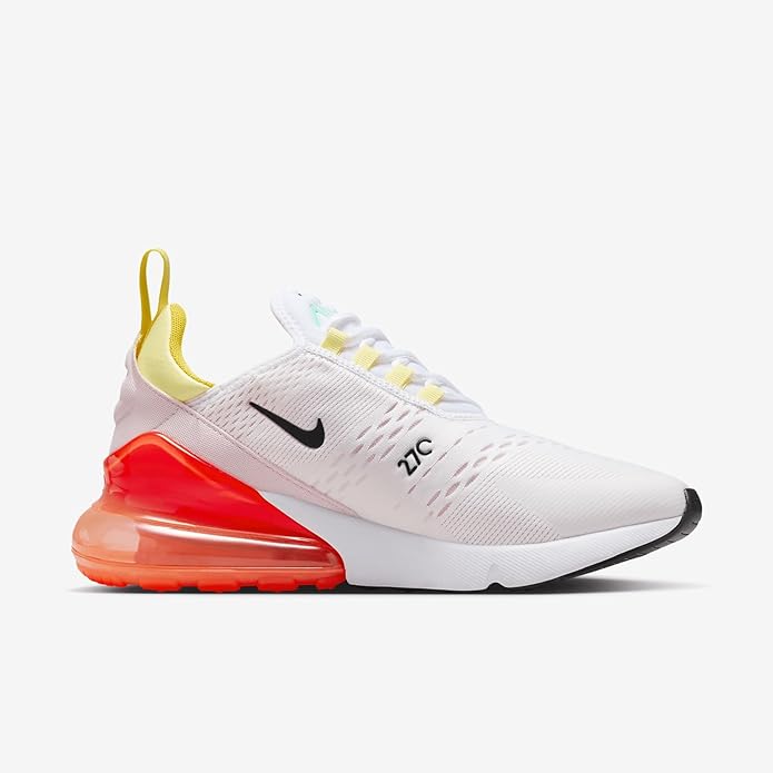 Women's Nike Air Max 270 shoes, white knit with black swoosh, red heel unit, yellow laces