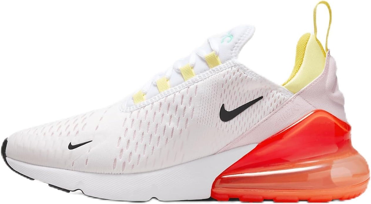 Women's Nike Air Max 270 running shoes, white knit with black swoosh and red Max unit