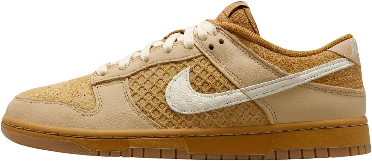 Men's Nike Dunk Low retro sneakers in tan and brown, low-top leather lace-up.