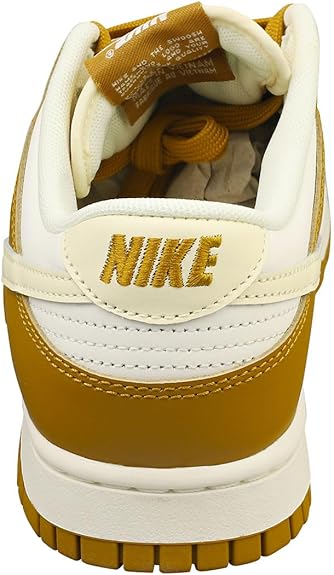 Men's Nike Dunk Low sneakers, heel view: cream collar with gold panel and Nike logo
