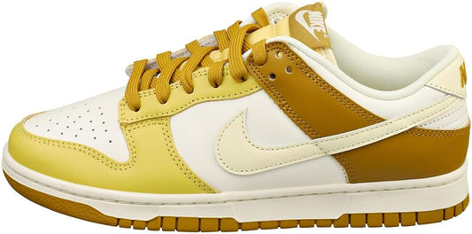 Men's Nike Dunk Low low-top sneakers in cream, mustard, and brown with yellow laces