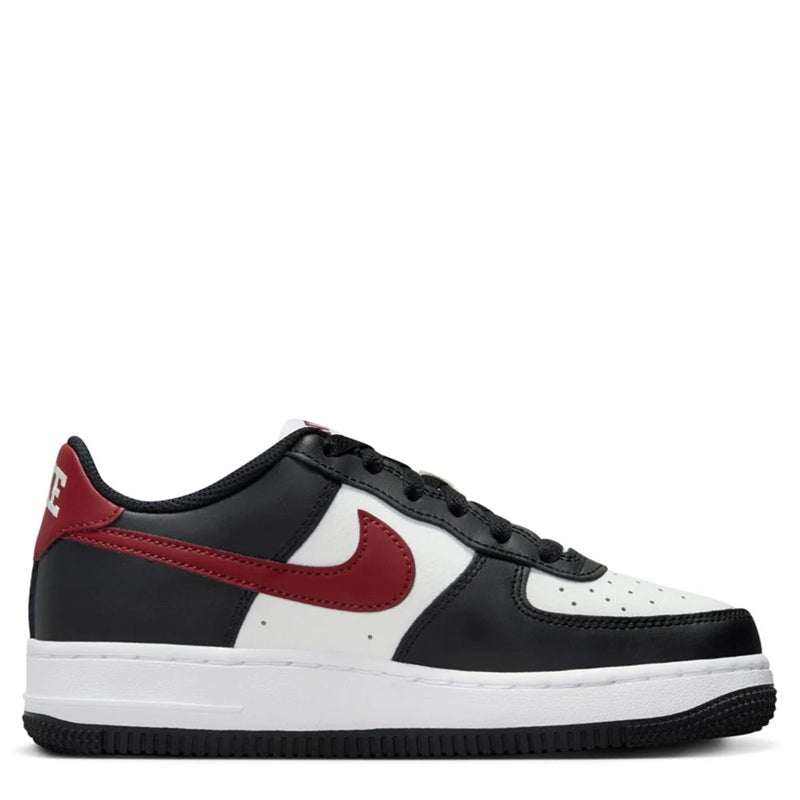 Kids' Nike Air Force 1 low-top sneakers, black with white panels and dark red swoosh.