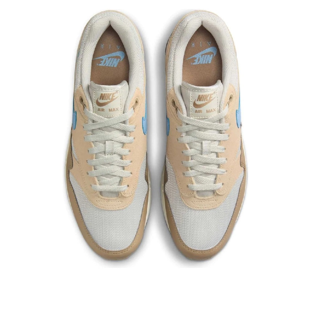 Men's Nike Air Max 1 ESS sneakers, lace-up design with light bone and blue details