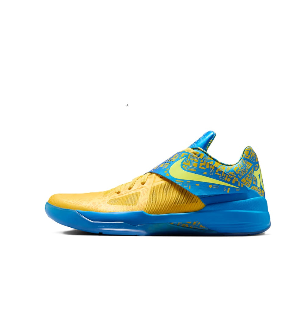 Men's Nike Zoom KD IV basketball shoe, blue and yellow with graphic upper