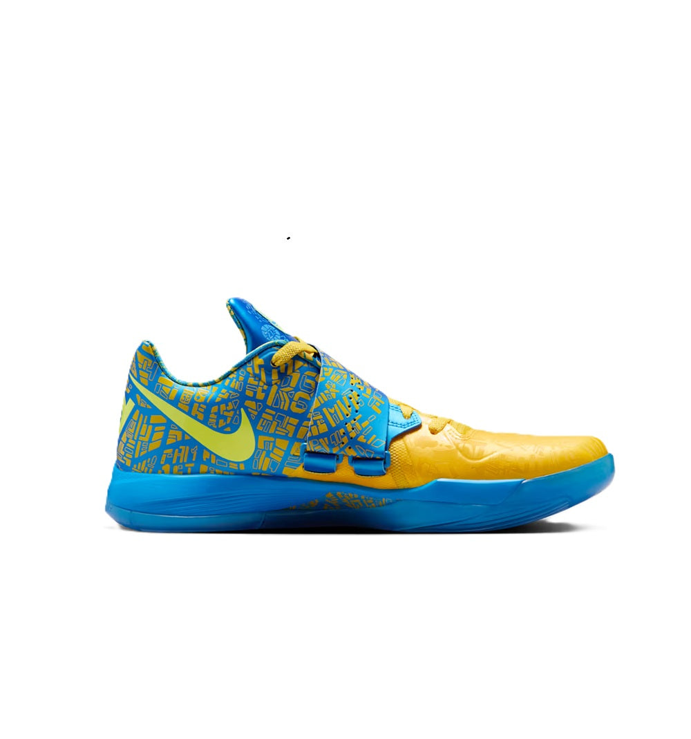 Men's Nike Zoom KD IV basketball shoe, side view; blue patterned upper, yellow toe