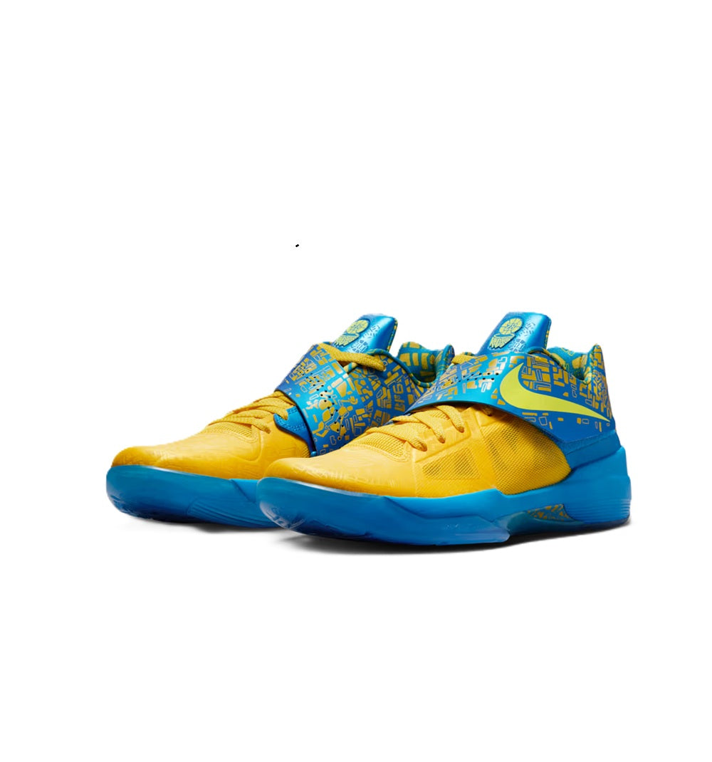 Men's Nike Zoom KD IV basketball shoe, angled view; yellow and blue with laces
