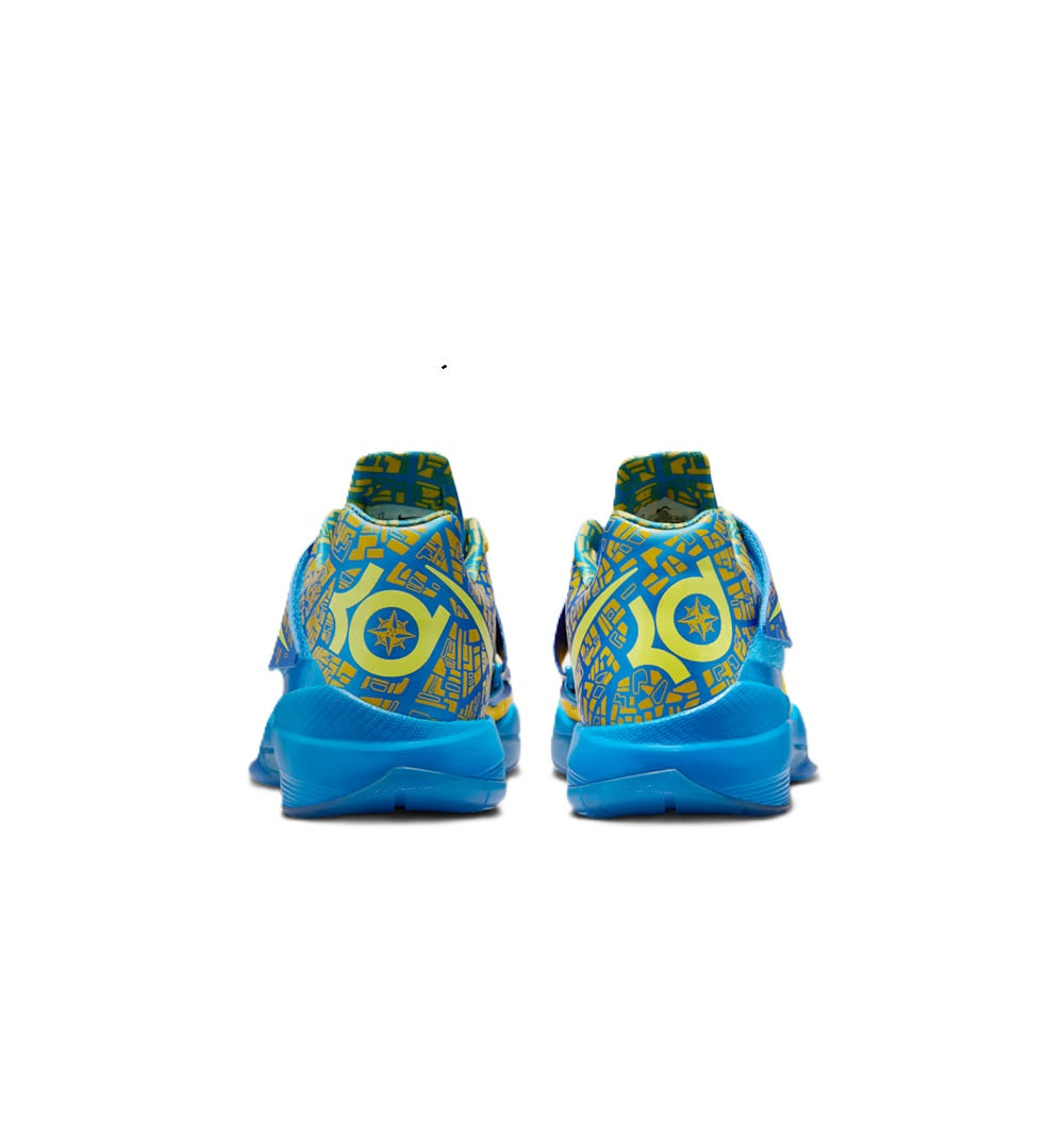 Men's Nike Zoom KD IV basketball shoe, heel view; blue and yellow patterned uppers