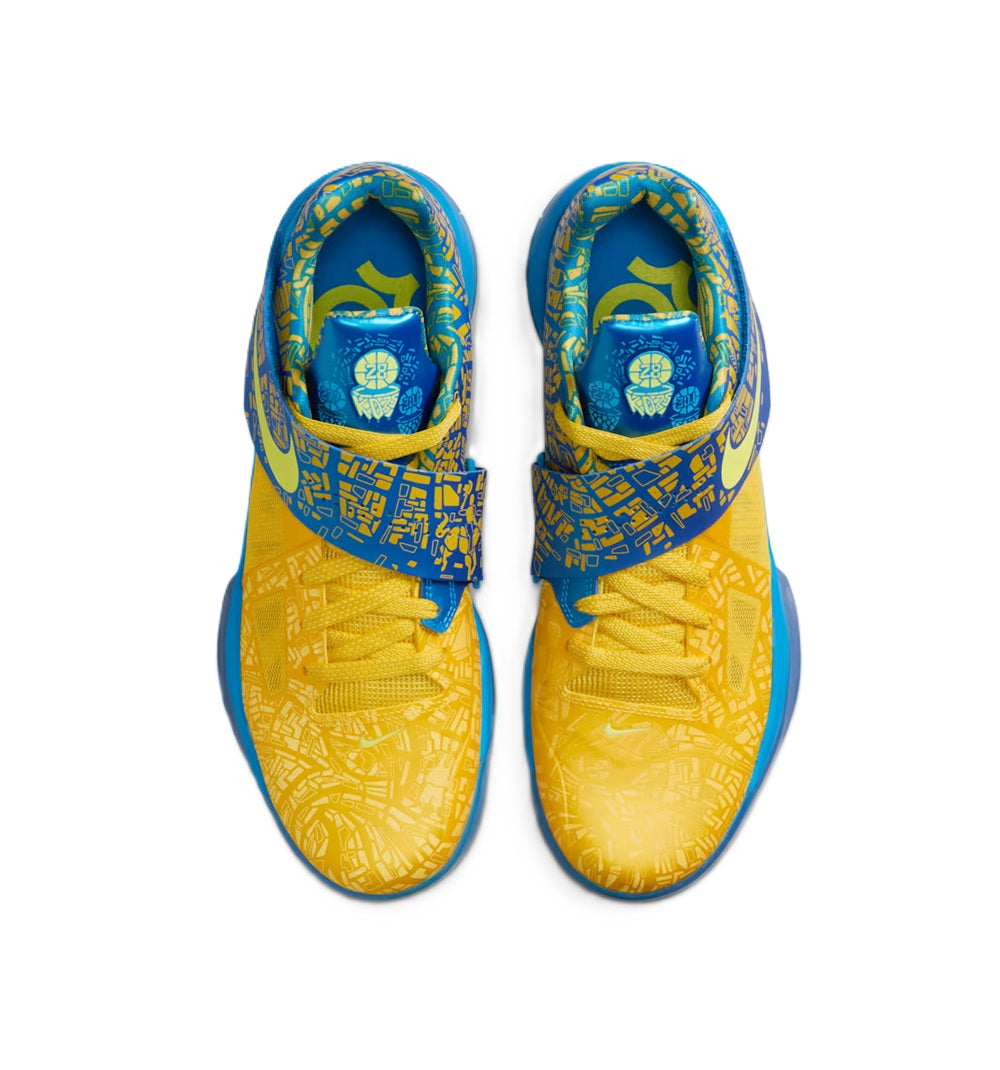 Men's Nike Zoom KD IV basketball shoe, top view; yellow upper with blue patterned panels