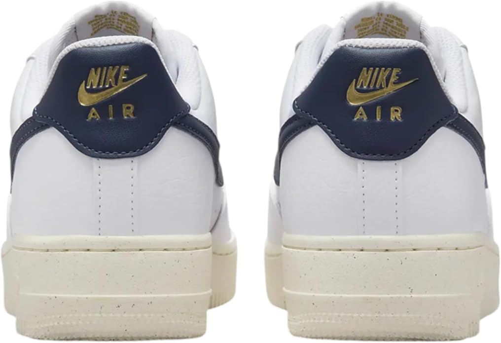 Nike Air Force 1 sneakers back view, white uppers with Nike Air heel branding and cream sole
