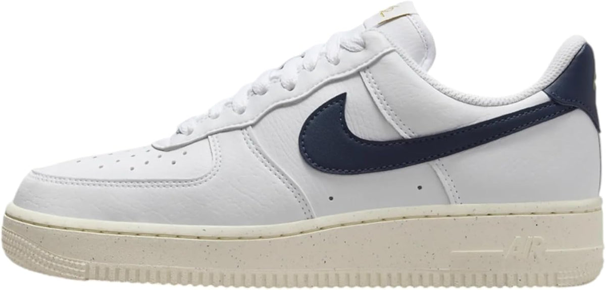 Nike Air Force 1 sneakers, white leather with navy swoosh and cream sole