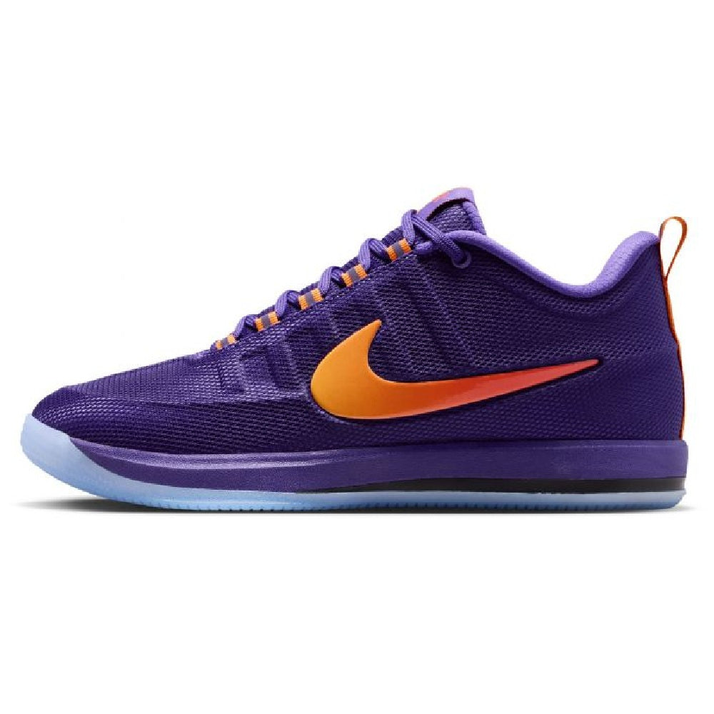 Men's Nike Book 2 basketball shoes, court purple knit with orange swoosh and blue sole