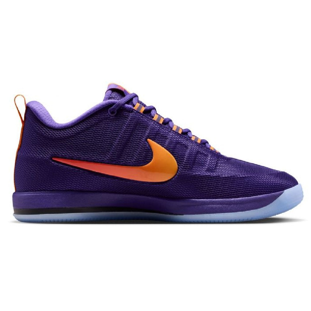 Men's Nike Book 2 basketball shoes, court purple upper with orange swoosh and light blue sole