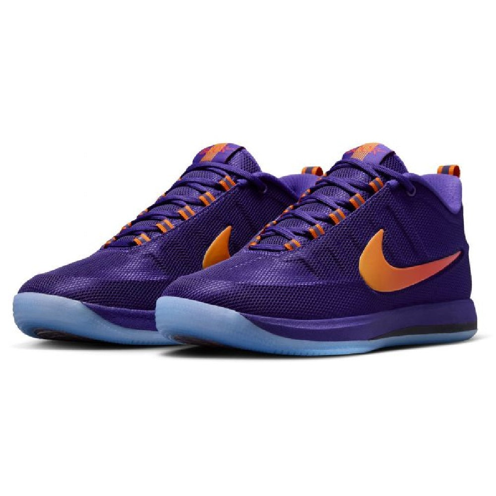 Men's Nike Book 2 basketball shoes, court purple with two orange swooshes and blue rubber sole
