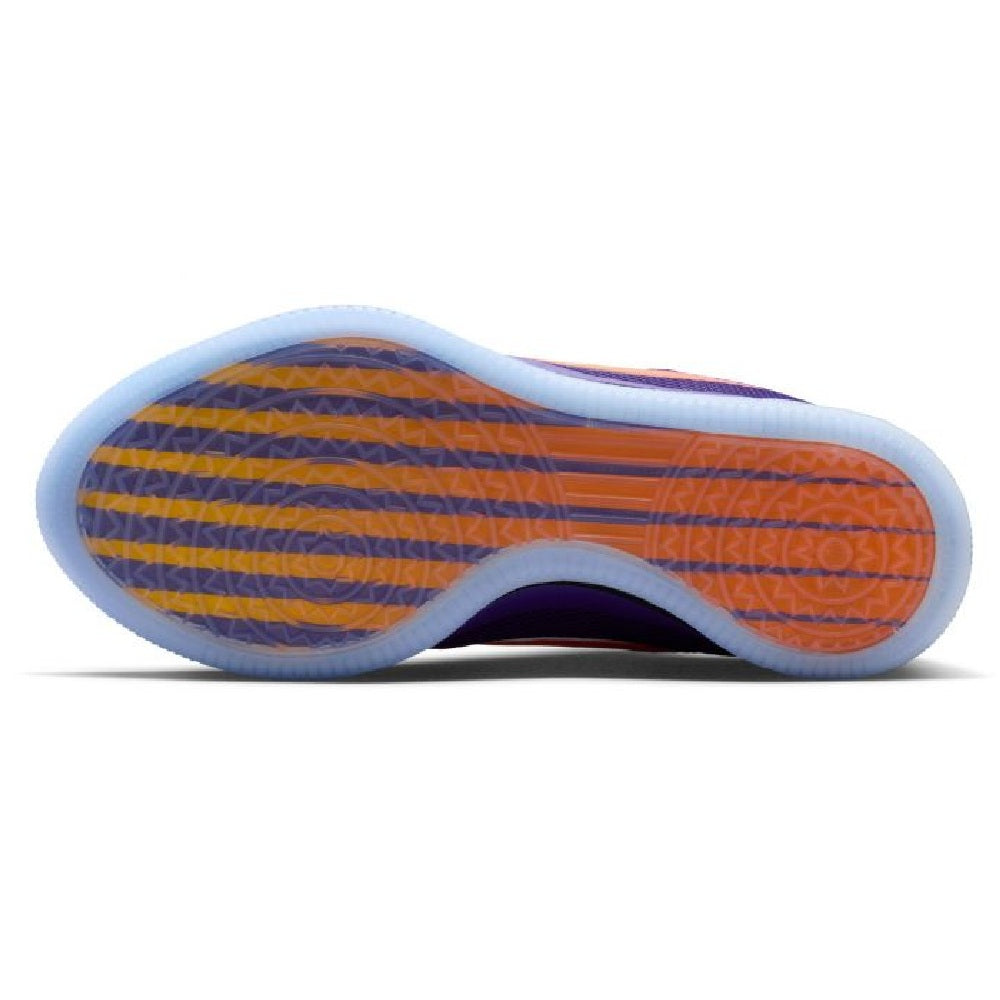 Men's Nike Book 2 basketball shoes outsole, purple and orange tread with light blue edge