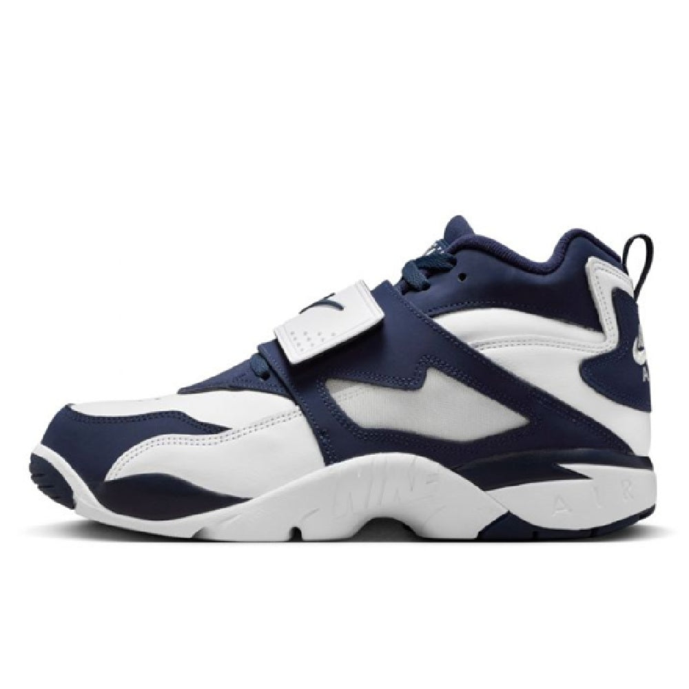 Nike Air Diamond Turf high-top sneakers, white and college navy with hook-and-loop strap