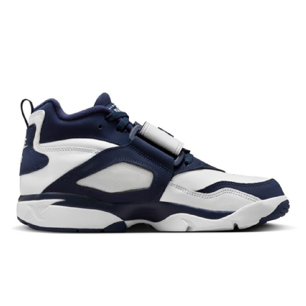 Nike Air Diamond Turf high-top sneakers, white and navy with lace-up and strap