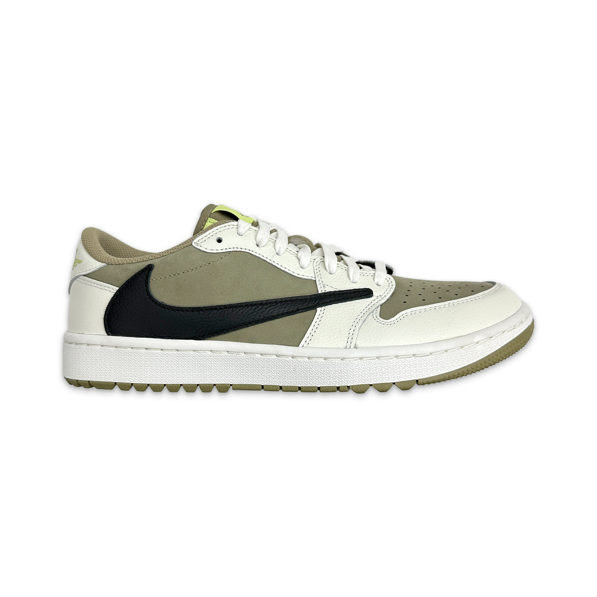 Air Jordan 1 low-top golf sneaker with white leather upper, black swoosh, olive panels, lace-up