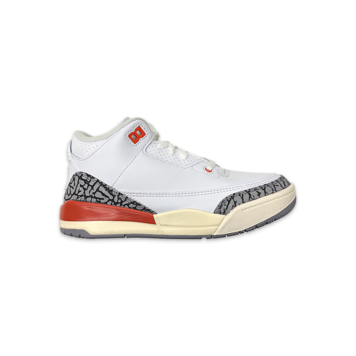 Kids Air Jordan 3 Retro PS sneaker, white leather with orange accents and gray speckled side