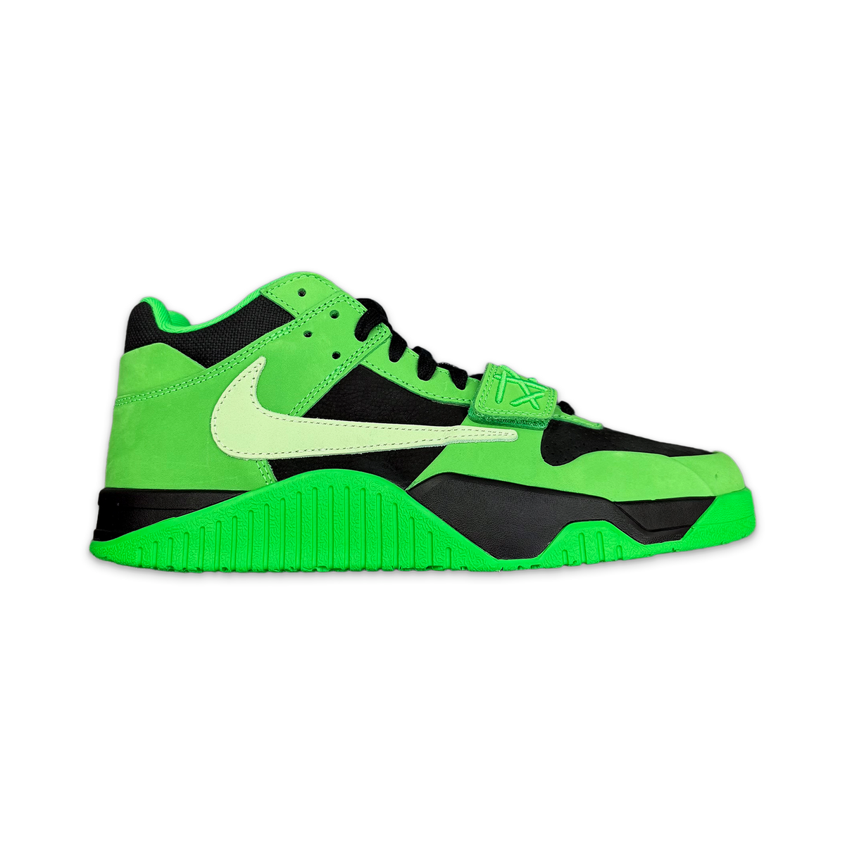 Air Jordan CJ1 high-top sneaker, green upper with black and white accents, neon outsole